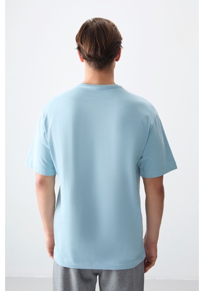 Air Jones Tommy Life Açık Mavi %100 Pamuk Kalın Yumuşak Dokulu Oversize Fit Basic Erkek T-shirt - 88353 Açik Mavi
