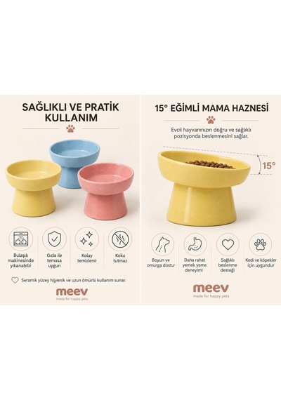 Seramik Kedi Köpek Mama Ve Su Kabı Eğimli Ve Yükseltilmiş Mama Kabı, Boyun Ve Omurgayı Destekleyen Ergonomik Tasarım, Kolay Temizlenebilir Mavi