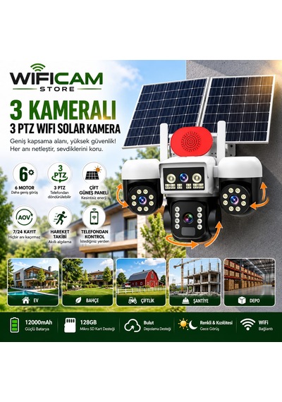 3 Kameralı 6 Motorlu Wifi Solar Kamera 3 Kamerada Telefondan Dönebilir