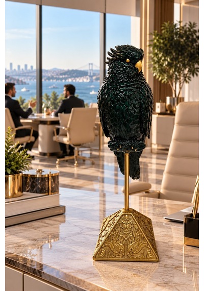 Yeşil Gold Papağan Biblo 55 Cm Ayaklı Dekoratif Salon Ve Ofis Aksesuarı
