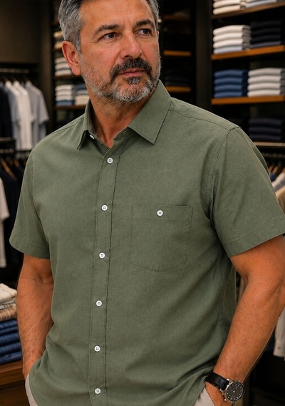 Beyome Erkek Keten Görünümlü Kısa Kollu Gömlek Rahat Kalıp Yazlık Nefes Alan Kumaş S-5xl Koyu Yeşil