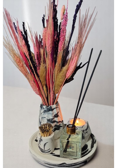 Mermer Desenli Vazo Seti-tealight Mumluk-kibritlik-oda Kokusu-vazo Mum Ve Koku Çubuğu Dahildir Beyaz - Siyah