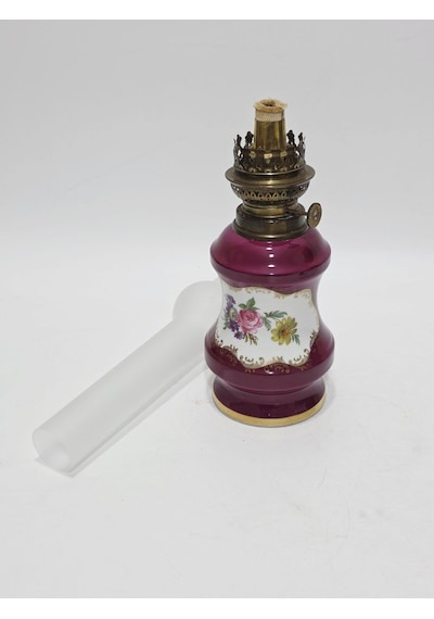 Limoges Çiçek Motifli Antika Porselen Gaz Lambası 043 Mor