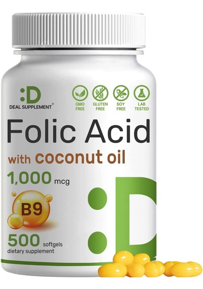 Deal Supplement Folic Acid 1000 Mcg Oil Bioavailable Prenatal Vitamin B9 500 Softgels