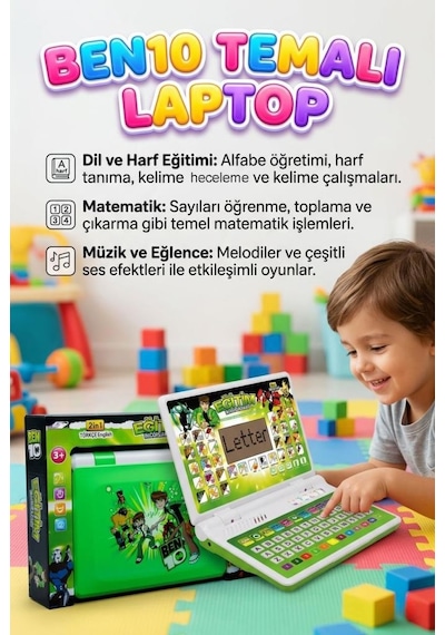 Sesli 100 Fonksiyonlu Ben10 Temalı Fareli Türkçe Ve İngilizce Destekli Eğitici Oyuncak Laptop