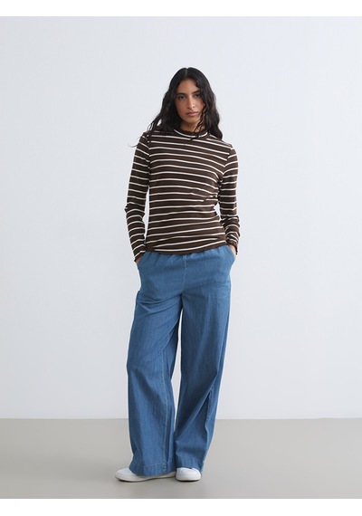 Lcw Modest Ekru Dik Yaka Çizgili Kadın Body