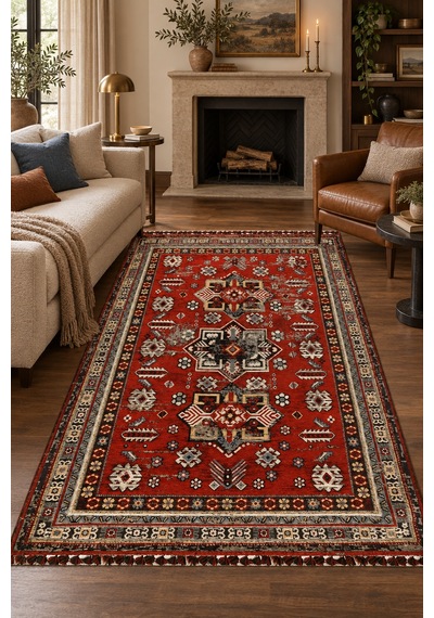 Oknar Nostaljik Kırmızı Robot Süpürge Uyumlu Oturma Odası Salon Saçaklı Kilim Dokulu Kolay Temizlenebilir Hali