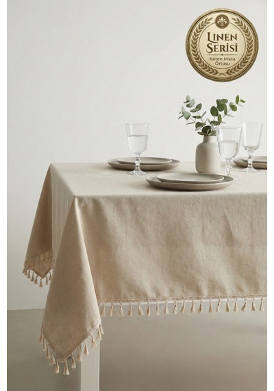 Linen Vintage Püsküllü Naturel Keten Masa Örtüsü - Ham Bej Yıkanmış Keten Bohem Sofra Örtüsü