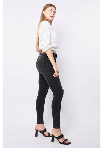 Kadın Antrasit Dizi Yırtık Süper Skinny Fit Jean Pantolon 001