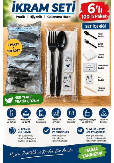 İkram Setii 6'lı 100'lü Paket Kaşık+çatal+peçete+ıslak Mendil+tuz+kürdan