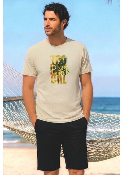 Tarık Erkek Şortlu Pijama Takımı Pamuklu Süprem Penye Bej