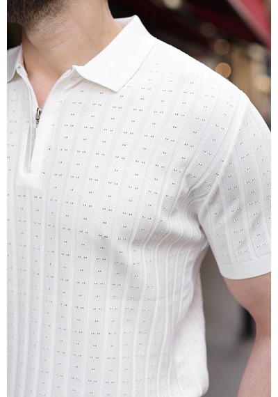Beyaz Polo Yaka Slim Fit Triko Erkek Tişört E7465 Beyaz