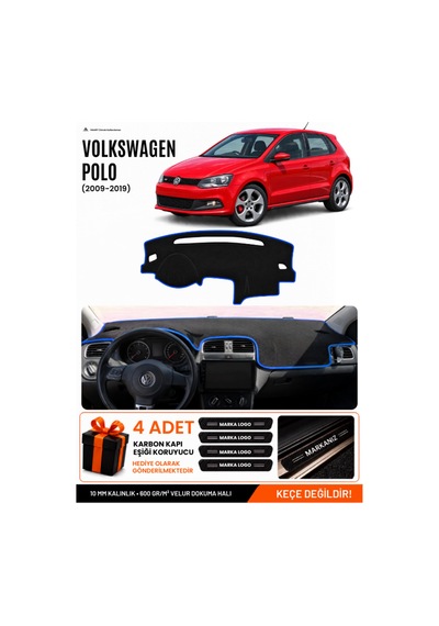 Volkswagen Polo 2009-2019 Uyumlu Torpido Örtüsü, Torpido Kılıfı - Siyah-mavi - Vw021
