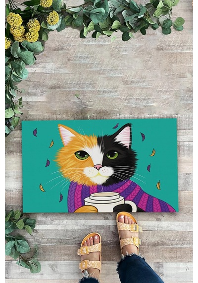 Valerine Life Kahve Düşkünü Relaks Kedi Yeşil Welcome Hoş Geldiniz Kapı Önü Paspası 45x70cm Kahverengi