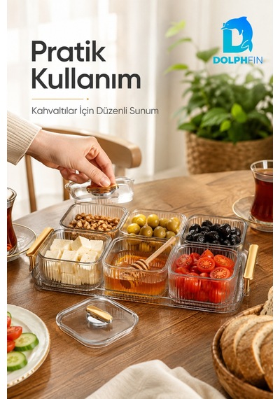 6 Lı Kapaklı Kahvaltılık Seti Şeffaf Gold Kulplu Sunum Tepsili Seffaf