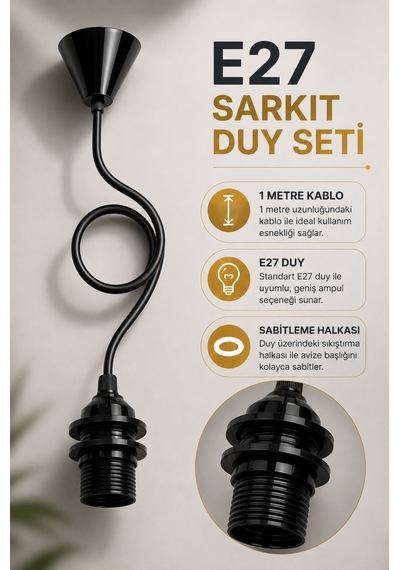 E27 Rozanslı Kablolu Sarkıt Avize Duyu 1 Metre Siyah Askı Takımı Tam Dişli Rondelalı