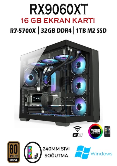 Apphirex TCX90 Ryzen 7 5700X 32 GB 1 TB M.2 SSD 16 GB RX9060XT W11P Masaüstü Oyuncu Bilgisayarı