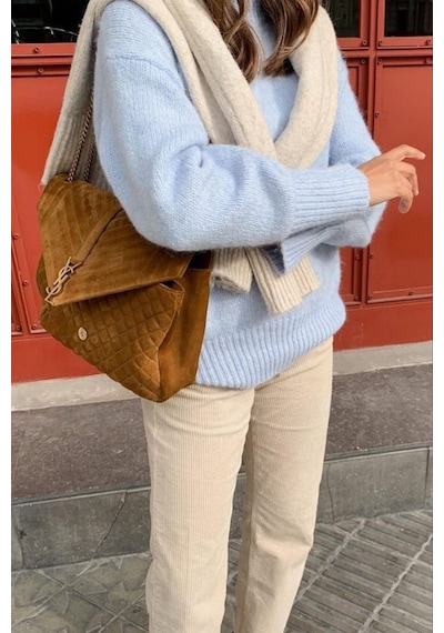 Madmext Bebe Mavisi Bisiklet Yaka Oversize Triko Kazak Mg1972 Bebe Mavisi