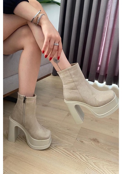 Kadın Sidney Krem Süet 12 Cm Platform Topuklu Fermuarlı Bot