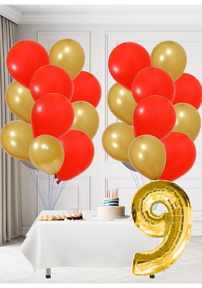 9 Yaş Sarı Kırmızı Taraftar Temalı Doğum Günü Seti Altın Kırmızı Balonlar Altın Folyo Rakam Altın