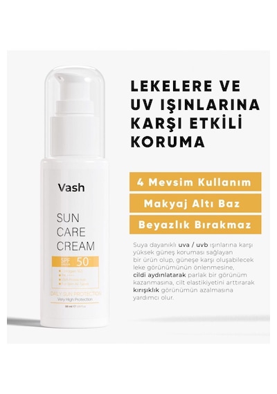 Vash Sun Care Leke Karşıtı Koruyucu Güneş Kremi SPF50+ 50 ML