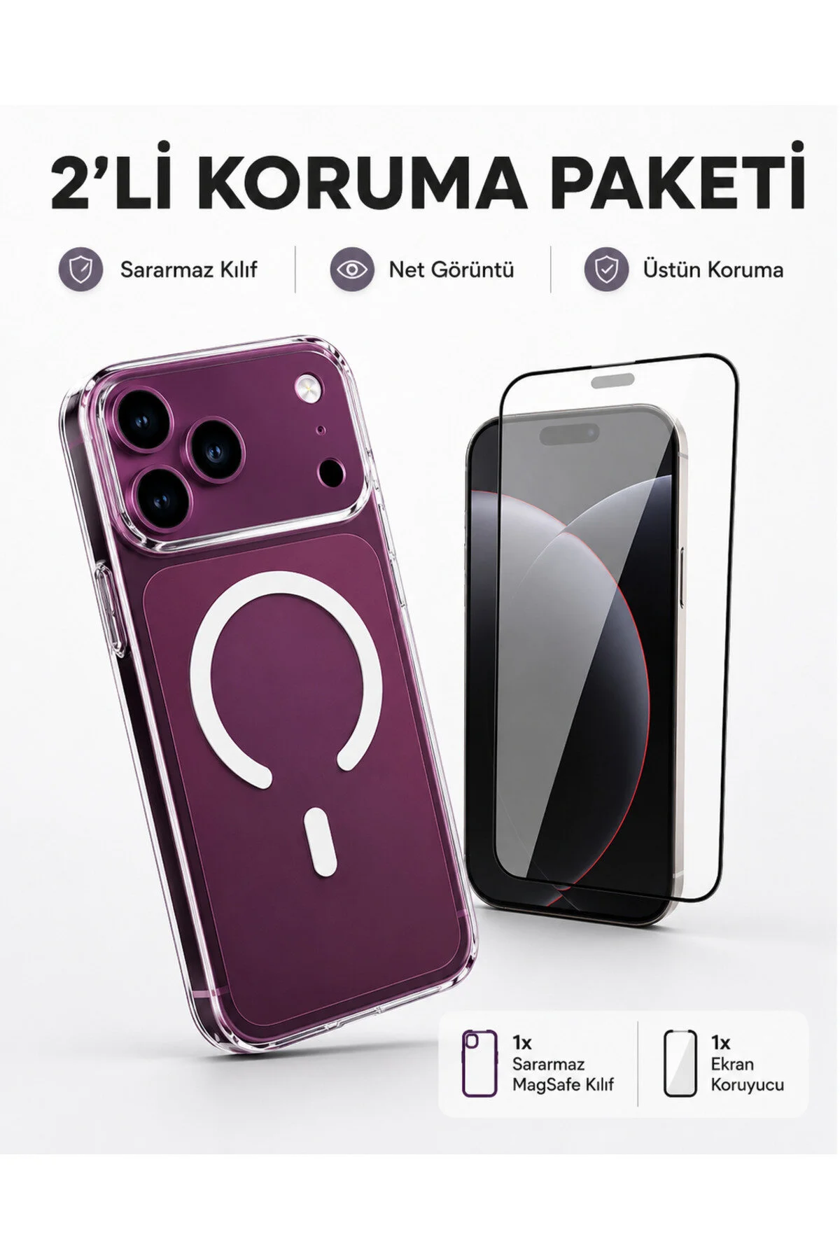 Apple Uyumlu iPhone 17 Pro Max - 18 Pro Max Uyumlu 2'li Koruma Paketi Magsafe Wireless Şarj Destekli Kamera Korumalı Şeffaf Darbe Emici Kılıf + 9h Hd+ Temperli Cam Ekran Koruyucu Set Paket Apple Uyumlu iPhone 17 Pro Max - 18 Pro Max Uyumlu 2'li Koruma Paketi Magsafe Wireless Şarj Destekli Kamera Korumalı Şeffaf Darbe Emici Kılıf + 9h Hd+ Temperli Cam Ekran Koruyucu Set Paket