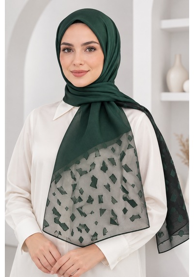 Bihan Store Desenli Jakarlı Tesettür Şal - Hafif Ve Nefes Alan Dokulu Başörtüsü 1862-yağ Yeşili