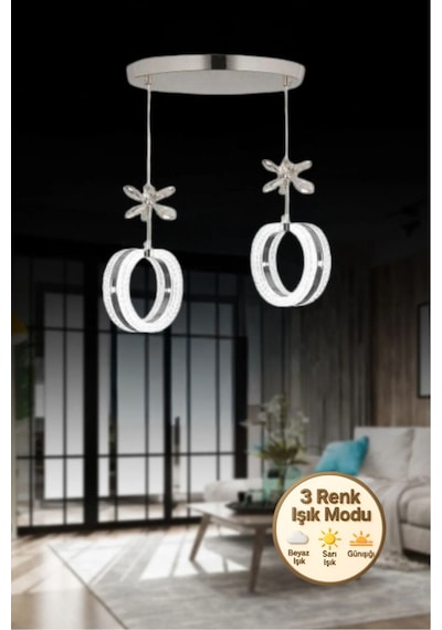 Litra Lighting Aurea Model 2 Li Kristal Taşlı Gümüş 3 Renk Modu Ledli Salon Mutfak Oturma Odası Sarkıt Led Avize Gümüş