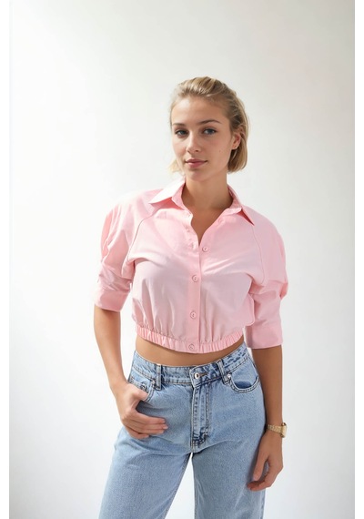 Vitrin Beli Lastikli Crop Gömlek Pudra