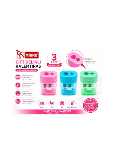 Mikro Çift Delikli Kalemtıraş 3 Adet Hazneli Standart Ve Jumbo Kalem Uyumlu Mk-1011