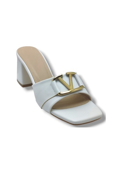 Ceylan Shoes 225-26 Cilt V Tokalı Kalın Topuk Kadın Terlik Beyaz