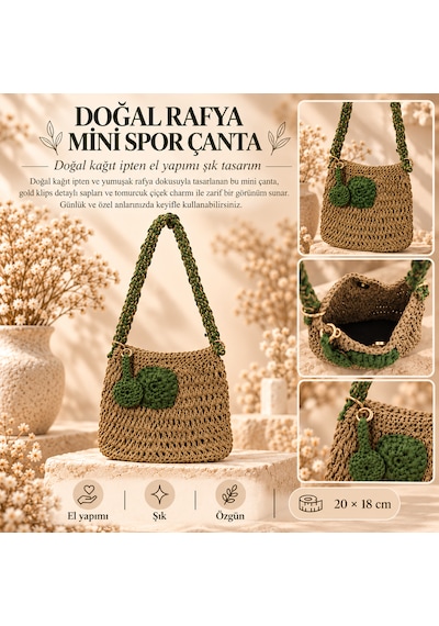 Doğal Rafya Ve Kağıt İp Omuz Çantası Camel - Yeşil
