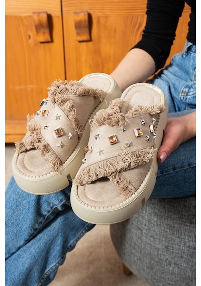 Dabab Shoes Kadın Bej Süet Taş Detaylı Kalın Rahat Taban Terlik