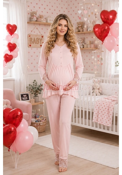 Quilling Lady Bebe Pembe Renkli Dantel Detaylı, 33204 Uzun Kol, 2 Parça Lohusa Hamile Pijama Takımı Açık Pembe M - L