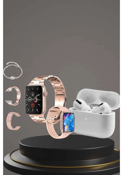 Mey İthalat 3 Kordonlu Pembe Amoled Ekran Akıllı Saat Ve Yeni Nesil Pro Kablosuz Bluetooth Kulaklık Anc/enc