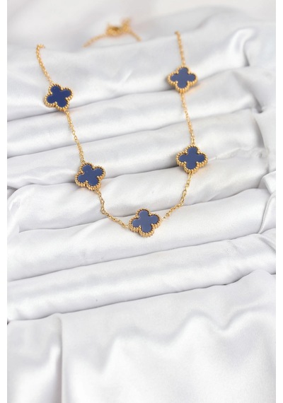 316l Çelik Zincir Gold Renk Lacivert Yonca Kadın Kolye 5886 Çok Renkli