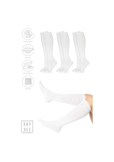 Saysez Bambu Kadın Dizaltı Beyaz Uzun Dikişsiz Çorap 3'lü / Pantolon Çorabı / Teni Göstermeyen Çorap Renkli