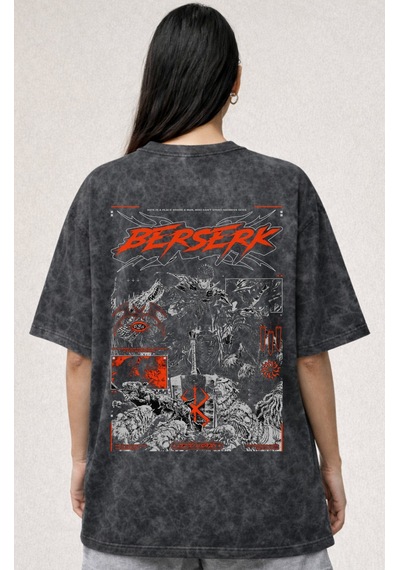 Berserk Guts Anime Baskılı Unisex Oversize Eskitme Yıkamalı Tişör Siyah