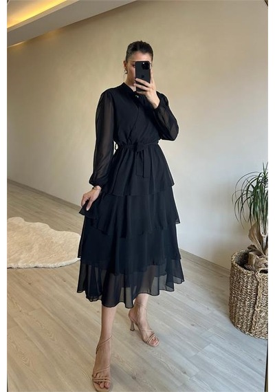 Neşeli Butik Kadın Kat Kat Volanlı Kuşaklı Midi Şifon Elbise Nm004 Siyah