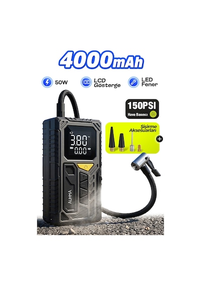 Auhma A7777 Taşınabilir Araç Lastik Hava Pompası 4000mah 150 Psı Dijital Ekranlı Kompresör Type-c