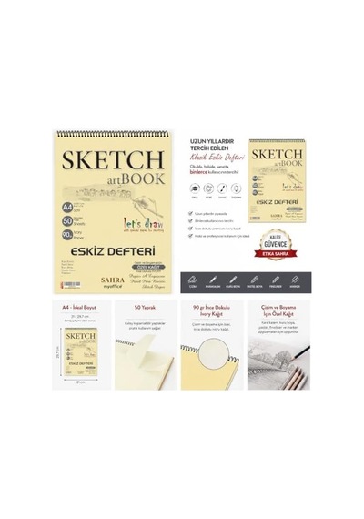 Etika Sahra A4 Spiralli Eskiz Defteri 50 Yaprak, 90 Gr İnce Dokulu Ivory Kağıt Sketchbook, Çizim Ve Boyama Defteri