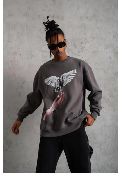 Assema Erkek Güvercin Baskılı Üç İplik Pamuklu Sweatshirt - Gri Çok Renkli