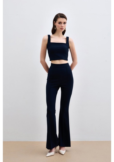 Sateen Kare Yaka Crop Bluz - Lacivert-135612 Lacivert