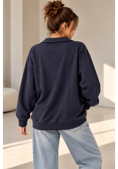 Bb Butik Basic Fermuar Detaylı Dik Yaka Oversize Mevsimlik Sweatshirt Fk3535 Lacivert