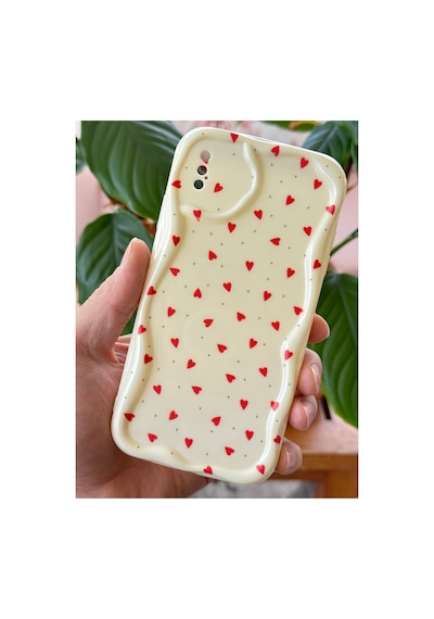 Fibaks iPhone X/xs Uyumlu Kılıf Kamera Korumalı Dalga Kenarlı Kırmızı Kalp Desenli Silikon Kapak