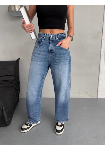 Baloon Fit Dikiş Detaylı Balta Cepli Dark Blue Jean Mavi