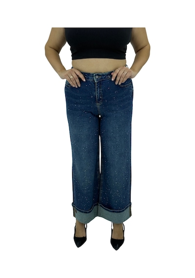 Büyük Beden Denim Toparlayıcı Yüksek Bel Taşlı Geniş Paça Kadın Pantolon Mavi