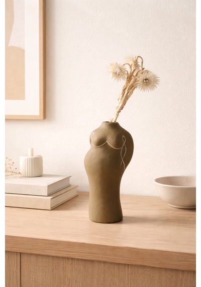 Terracotta Gövde Şekilli Vazo Dekoratif Modern Salon Konsol Bohem Heykelsi Seramik Vazo 20 Cm Açık Kahverengi