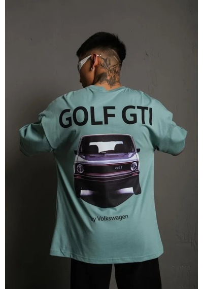 Erkek Oversize Baskılı Tişört Golf Gtı Retro Araba Desenli, Ön - Arka Dijital Baskı, Sokak Modası Stil - Mint Yeşili Mint