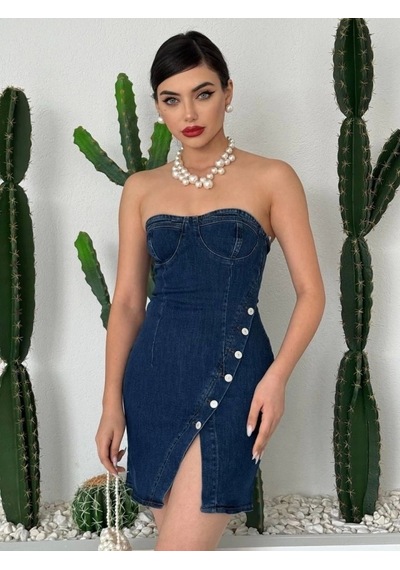 Defymoda Nerg Düğme Detaylı Elbise Koyu Mavi